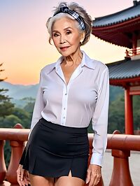 Elderly grandmother 85 stands outside a pagoda at twilight