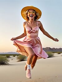 Elderly woman in pink wedding dress on desert island at dusk looks stunning