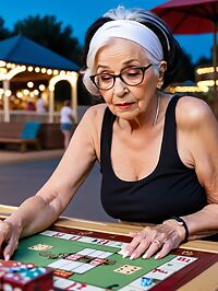 An elderly woman with red streaked black hair poses at twilight theme park entrance