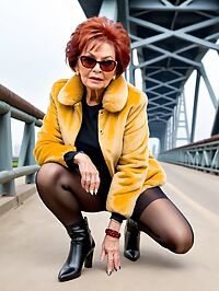 An elderly woman in her 60s sits on a bridge withered beauty