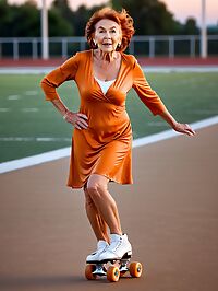 A 70 year old grandmother stands on a dimly lit football field wearing an orange dress