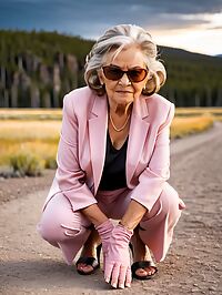 Grandmother in a pink suit stands confidently amidst nature at Yellowstone twilight