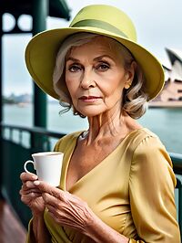 A 65 year old woman with grey eyes wears a yellow dress at an opera house before dawn