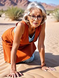 Elderly grandmother poses in orange dress under desert sunset's warm glow