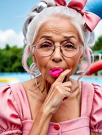 An elderly woman poses at a sunny outdoor waterpark in a pink dress