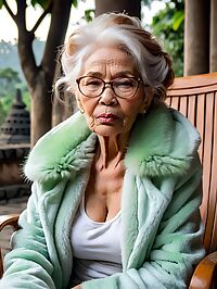 Older woman in green fur coat yoga pants outside Borobudur Indonesia pre dawn hours
