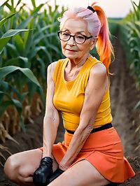 A 95 year old in a yellow shirt and orange skirt poses seductively in a cornfield
